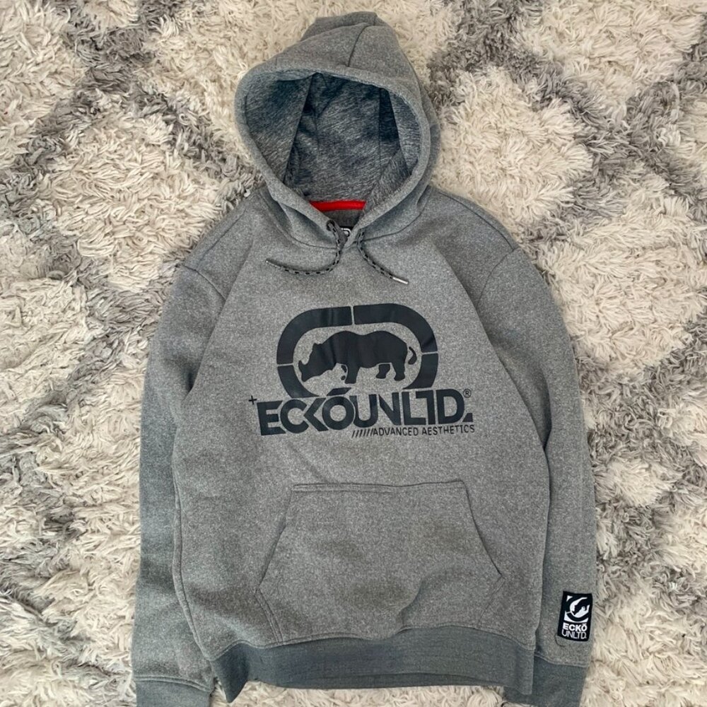 Ecko Unltd Y2K Hoodie Men's Medium Gray Sweater Pullover Big Logo Front Kangaroo